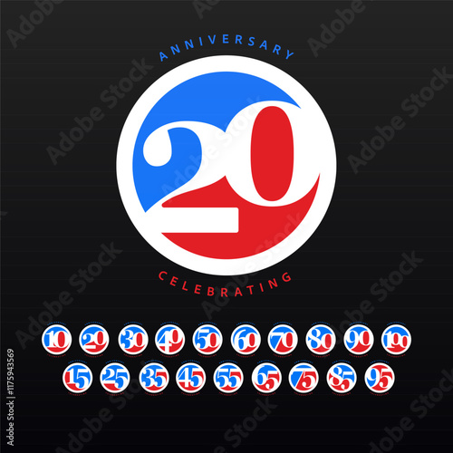Bright red, blue round anniversary design with numbers from 10 to 100, cut out in negative space of circle for birthday event branding and design materials. Vector illustration