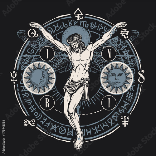 Hand drawn crucifixion of Jesus Christ with Sun, Moon, dragonfly wings, alchemical and masonic symbols. Abstract vector banner in retro style on religious theme with encrypted signs written in a circl