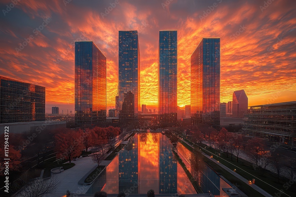 Fototapeta premium reflective skyscrapers soar against a vibrant sunset, their glass facades shimmering with hues of orange and pink, while wispy clouds drift above