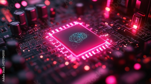 A high-tech AI microchip integrated into a circuit board symbolizes artificial intelligence, automation, and the continuous digital transformation shaping modern technology and computing.. photo