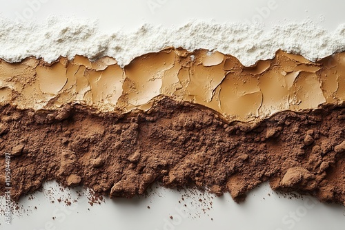 rich cocoa powder forms a textured mound against a clean white backdrop, showcasing its earthy tones and fine granules, inviting the viewer to indulge in its culinary potential photo