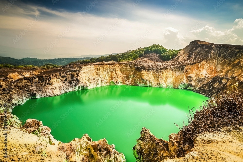 Fototapeta premium Volcanic Crater Lake: The vibrant green waters of a volcanic crater lake