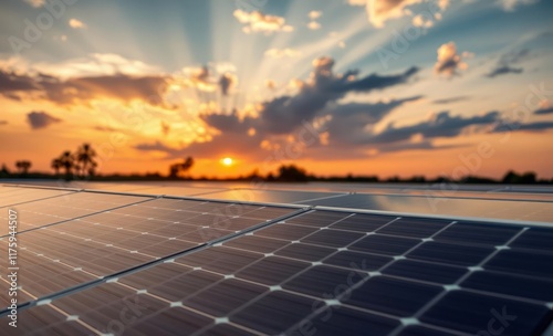 Wallpaper Mural Solar panels, dramatic sunset, sunburst through clouds, silhouetted landscape, renewable energy, golden hour, industrial technology, environmental sustainability, photovoltaic array, sun rays, orange  Torontodigital.ca