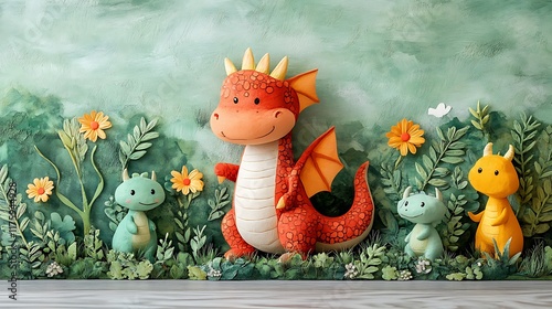 Adorable Dragons in a Lush Green Garden Setting photo