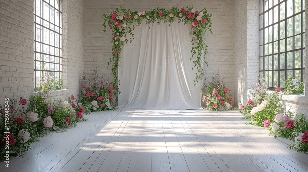 Fototapeta premium Floral wedding arch in bright loft.