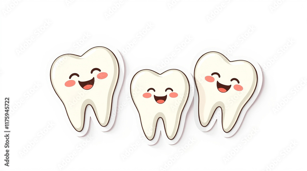 Three happy cartoon teeth smiling on a white background. Perfect for dental hygiene, children's healthcare, or oral health projects. Three happy cartoon teeth smiling on a white background. Perfect for dental hygiene, children's healthcare, or oral health projects.