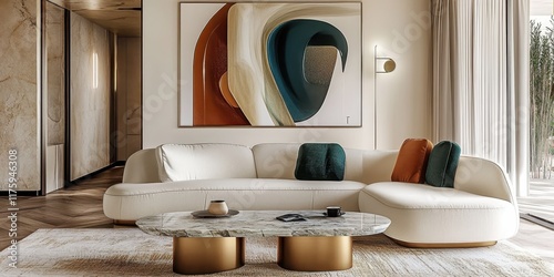 Minimalist living room, curved white sofa, textured walls, abstract art, organic shapes, neutral color palette, pampas grass, wooden coffee table, earthy tones, natural materials, soft lighting, conte