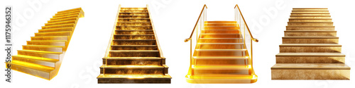 Shimmering golden stairs isolated on transparent background, Set of