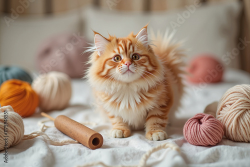 Playful fluffy kitten exploring colorful yarn balls on table, creativity. Perfect Greeting card or cozy poster for knitting lovers photo