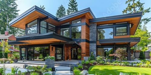 This is a modern home with a gabled roof and outside panels made of both wood and black, Generative AI.