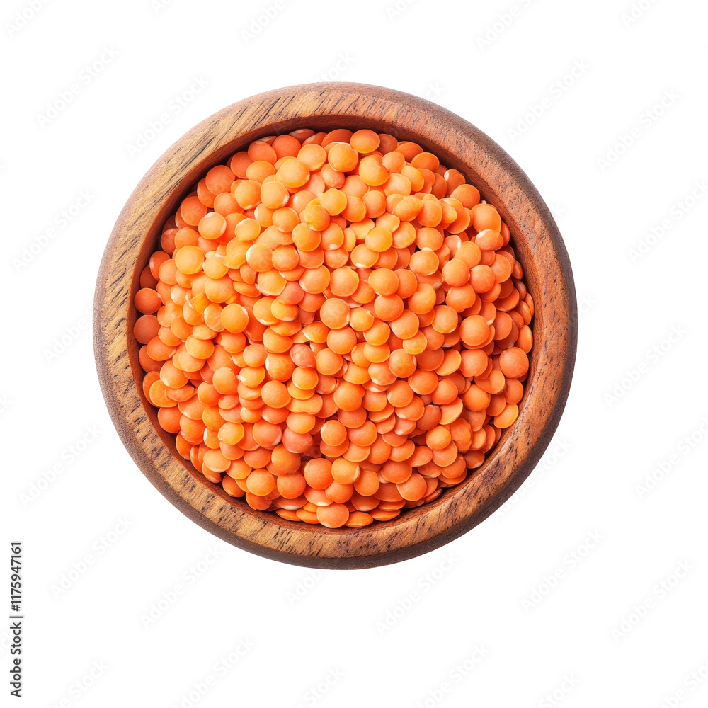 Fresh red lentils in a rustic wooden bowl, showcasing vibrant colors on a clean transparent background, red lentils isolated on transparent background Fresh red lentils in a rustic wooden bowl, showcasing vibrant colors on a clean transparent background, red lentils isolated on transparent background