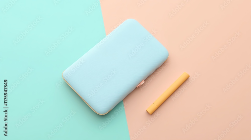 Stylish blue case resting on a pastel background with a yellow pencil, perfect for stationery or organizational themes. Stylish blue case resting on a pastel background with a yellow pencil, perfect for stationery or organizational themes.