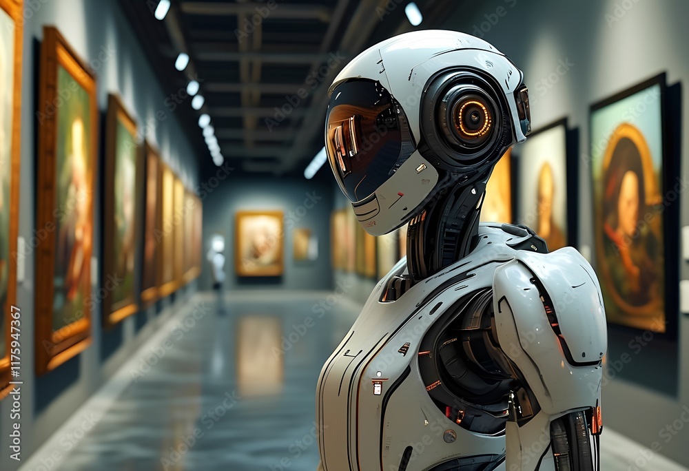 A robot stands in a modern art gallery, observing vibrant paintings displayed on the walls. The environment is well-lit, creating a thoughtful atmosphere for appreciation. A robot stands in a modern art gallery, observing vibrant paintings displayed on the walls. The environment is well-lit, creating a thoughtful atmosphere for appreciation.