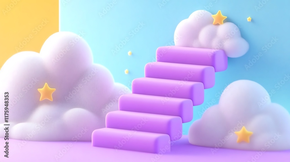 A whimsical scene featuring a purple staircase leading through fluffy clouds. Perfect for imaginative projects and dreamy backgrounds. A whimsical scene featuring a purple staircase leading through fluffy clouds. Perfect for imaginative projects and dreamy backgrounds.