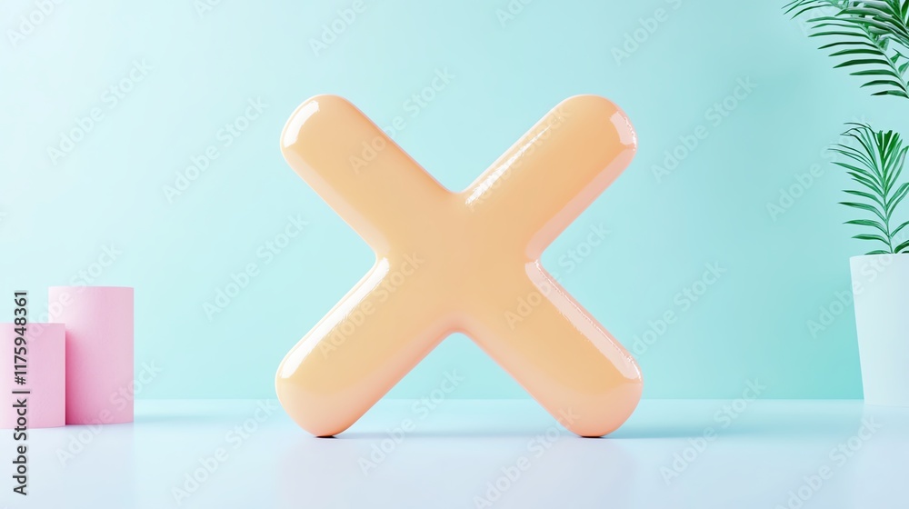 Obraz premium A playful pastel design featuring a large orange 'X' symbol against a calming blue backdrop with minimalist decor.