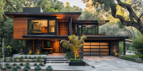 This is a modern home with a gabled roof and outside panels made of both wood and black, Generative AI.