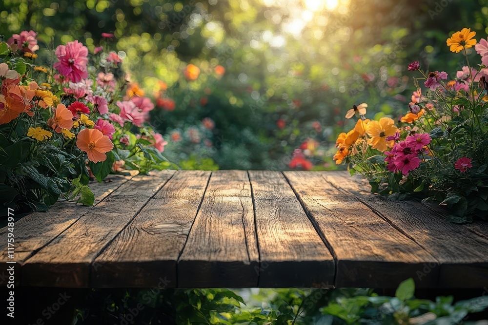 sturdy rustic wooden table set against a sunlit, blurred backyard garden with vibrant flowers and greenery, evoking a sense of summer warmth and tranquility sturdy rustic wooden table set against a sunlit, blurred backyard garden with vibrant flowers and greenery, evoking a sense of summer warmth and tranquility