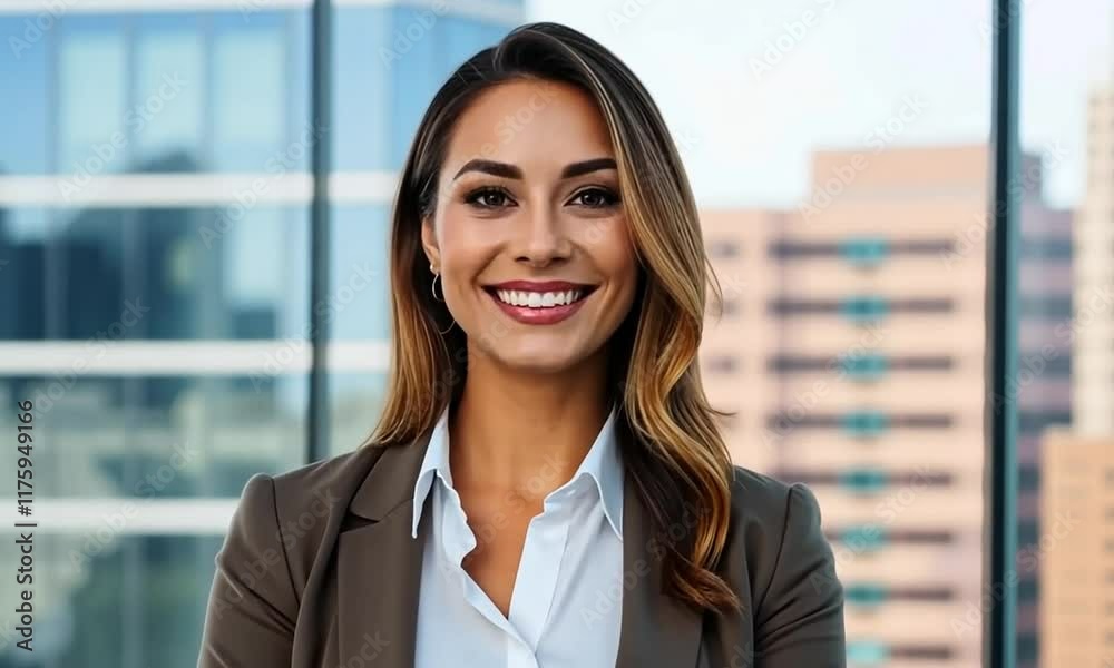 Confident Businesswoman Portrait:  Smiling Woman in Modern Office Setting
