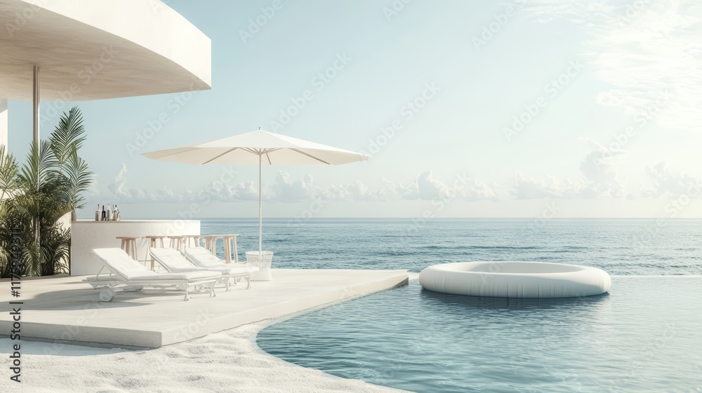 Obraz premium A serene beach club with white sun loungers, a surfboard, and a pool overlooking the tranquil sea, featuring minimalist design and inviting relaxation under the sun