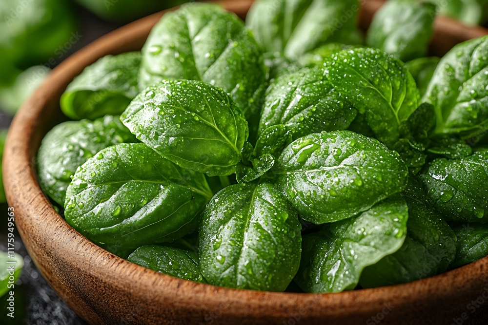 Fresh Dewy Basil Leaves in Wooden Bowl Fresh Dewy Basil Leaves in Wooden Bowl