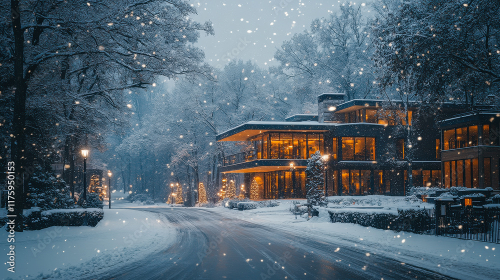 Obraz premium Winter evening snowfall transforms a serene neighborhood into a picturesque landscape of white tranquility