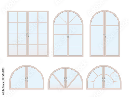 Windows types. Exterior and interior design, home renovation architecture .Set of wooden or plastic frames. Arched and semicircle
