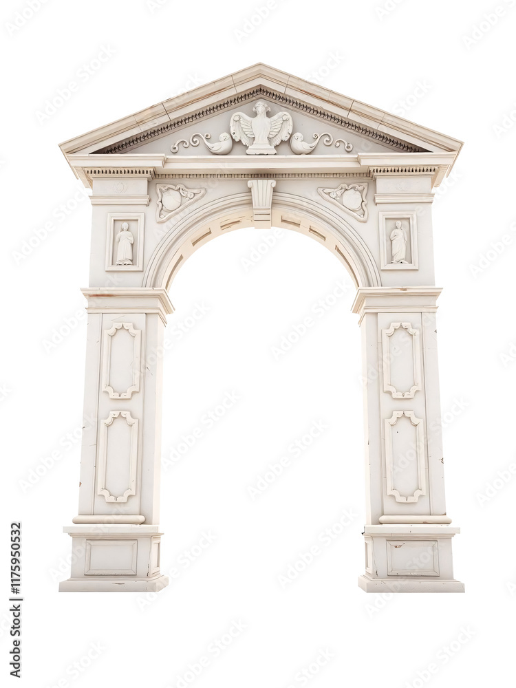 Fototapeta premium Antique white Roman archway on isolated PNG background.