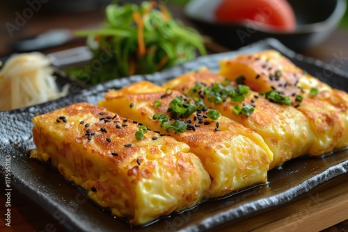 Typically eaten as a side dish or with sushi, tamagoyaki is a sweet, wrapped omelette, Generative AI.