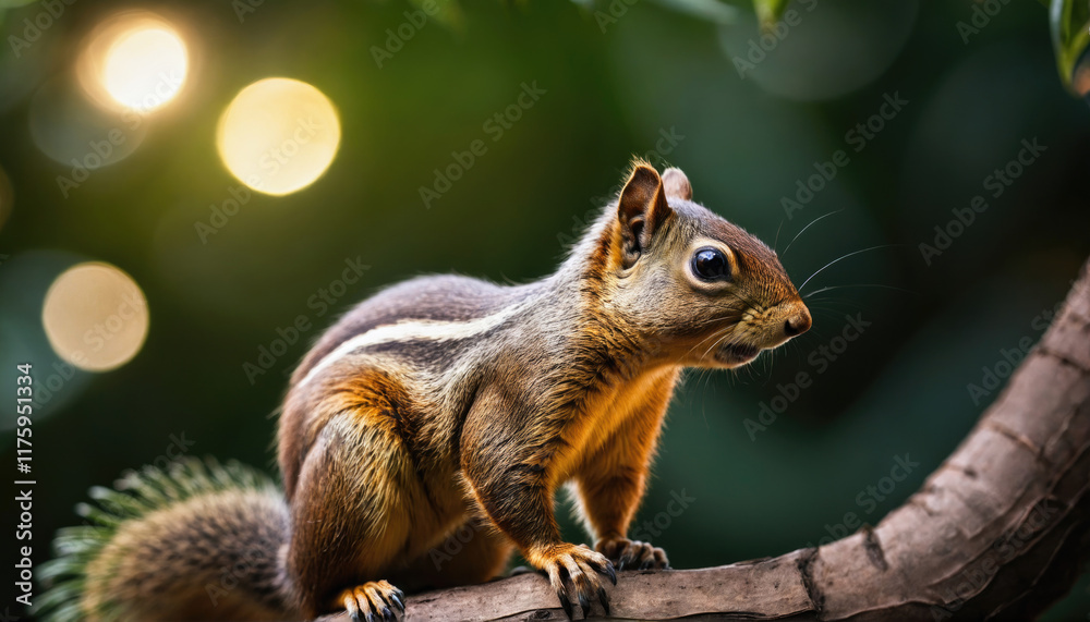 Squirrel perched on branch with soft bokeh background in a serene forest during golden hour Squirrel perched on branch with soft bokeh background in a serene forest during golden hour