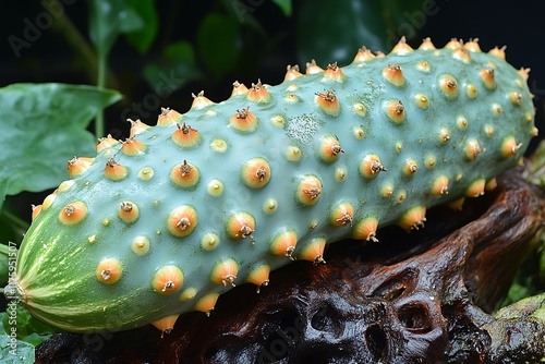 A Unique Warty Cucumber Rests On Dark Wood