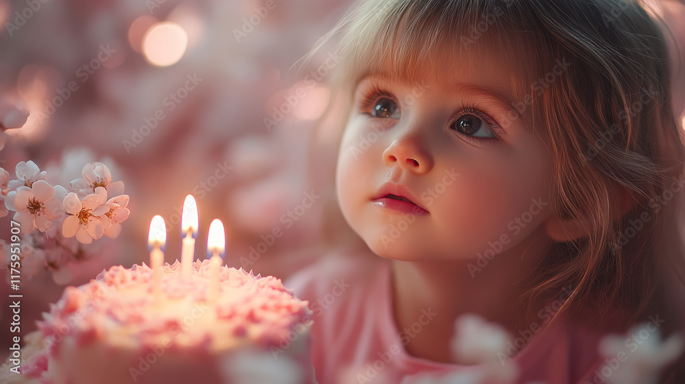 Little girl gazes in wonder at birthday cake with glowing candles during a joyful celebration Little girl gazes in wonder at birthday cake with glowing candles during a joyful celebration