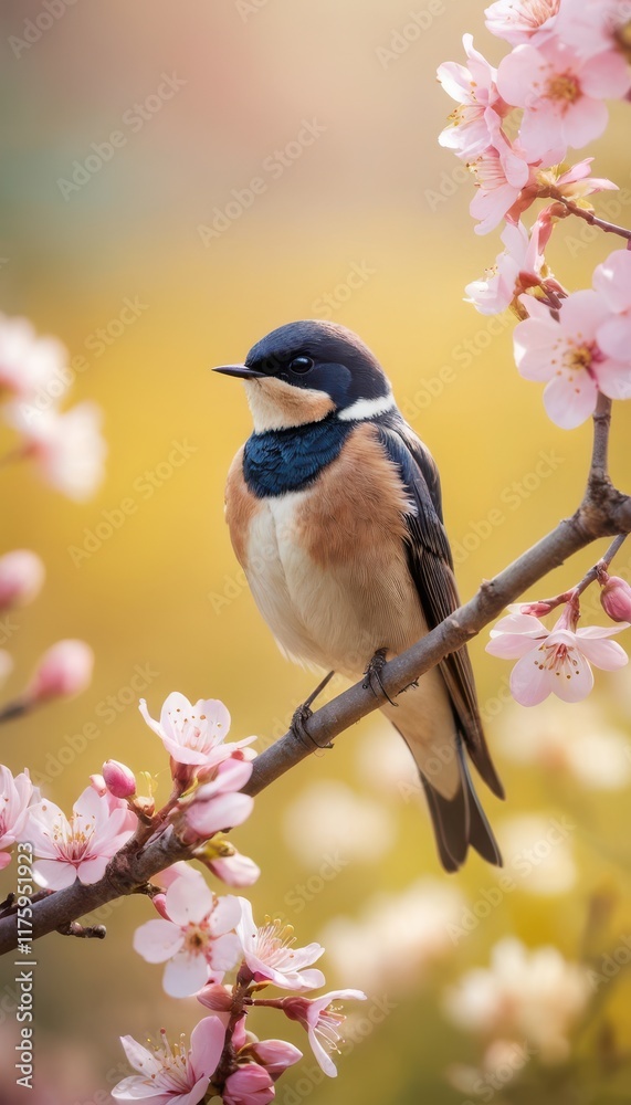 Fototapeta premium Graceful swallow perched on a blooming cherry blossom branch. A vibrant spring scene filled with delicate pink flowers and serene beauty of nature