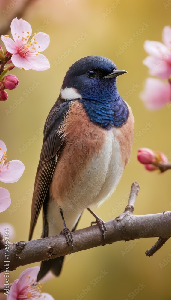 Fototapeta premium Graceful swallow perched on a blooming cherry blossom branch. A vibrant spring scene filled with delicate pink flowers and serene beauty of nature
