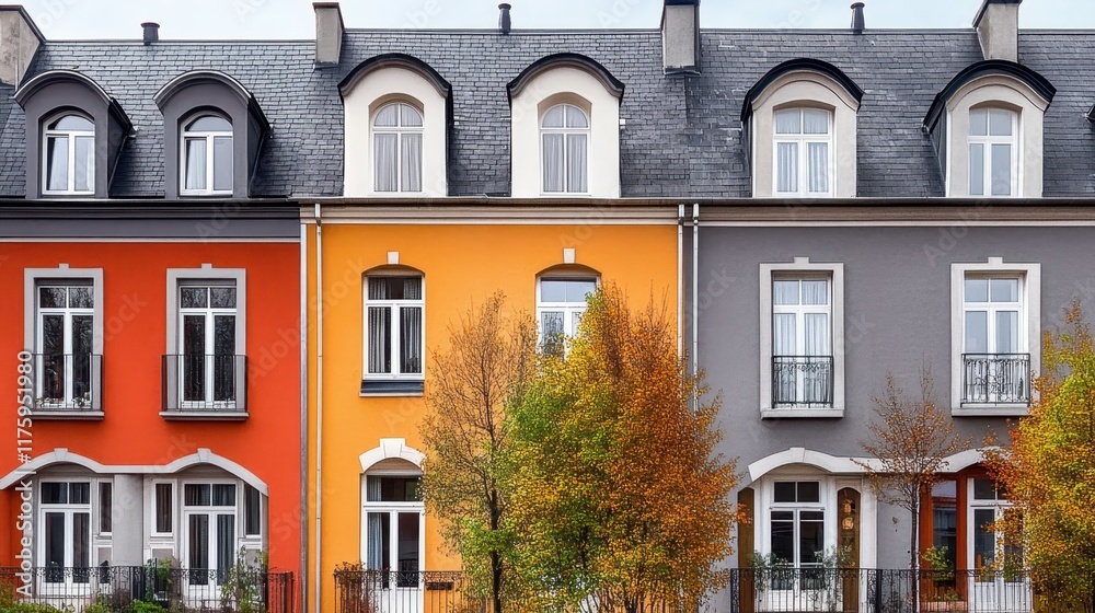 Naklejka premium Colorful row houses, European architecture, autumn street scene, vibrant facades, dormer windows, arched doorways, wrought iron balconies, fall foliage trees, cobblestone street, charming neighborhood