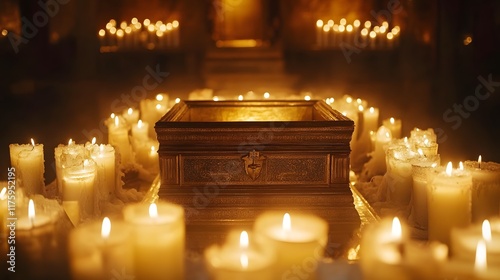 Replica of the Ark of the Covenant Surrounded by Glowing Candles in Ceremonial Setting