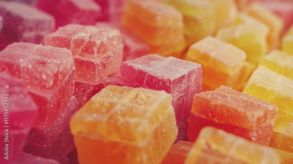 A close-up of assorted bright, chewy fruit-flavored sweets neatly arranged in a candy shop display A close-up of assorted bright, chewy fruit-flavored sweets neatly arranged in a candy shop display