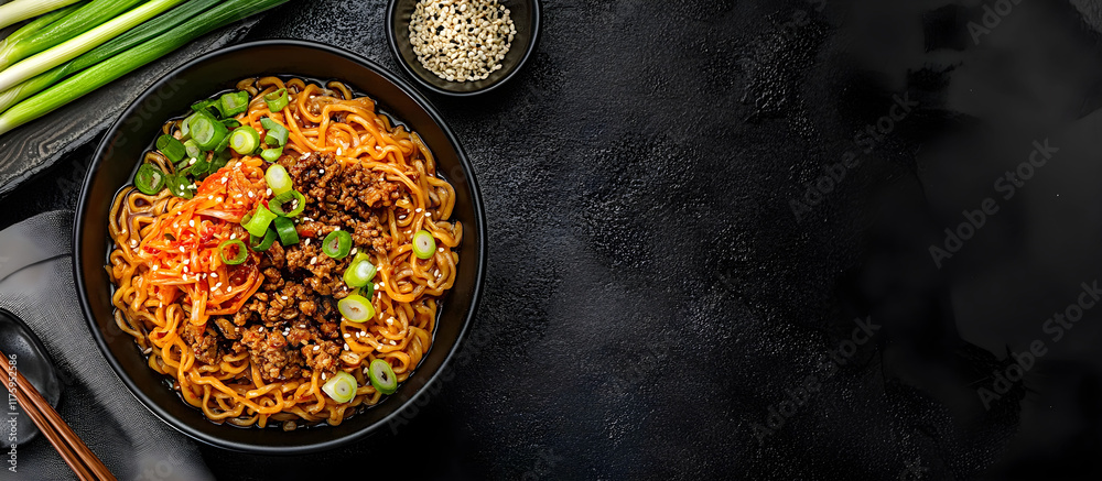 Delicious bowl of spicy noodles garnished with green onions and sesame seeds on a black stone background with copy space. Delicious bowl of spicy noodles garnished with green onions and sesame seeds on a black stone background with copy space.