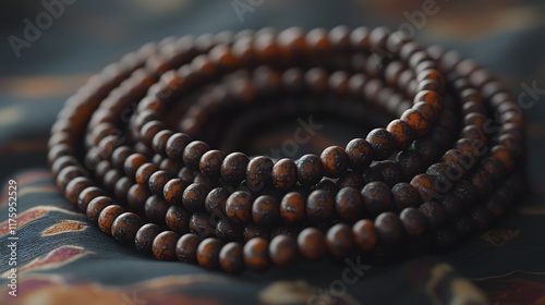 Coiled Buddhist Prayer Beads on Silk Cloth - Spiritual Meditation and Devotion photo