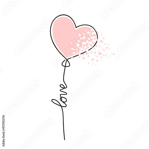 Heart balloon drawn with one continuous line. Cute symbol love. Art icon with pink hearth. Hand draw outline isolated on white background. Drawing lineart prints. Decay effect. Vector illustration photo