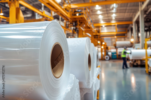 Large rolls of white plastic film or polypropylene are stored in a factory, ready for packaging photo