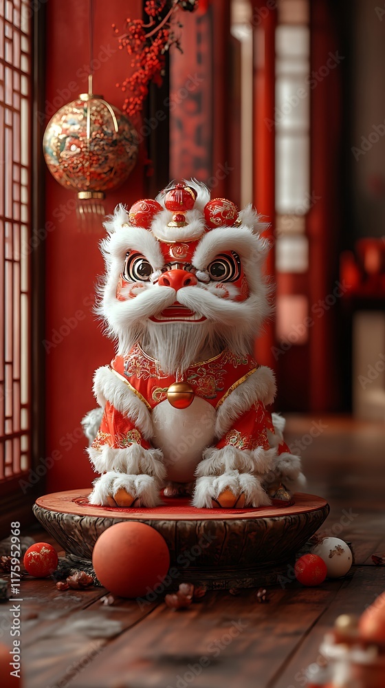 Fototapeta premium Decorative guardian lions with detailed 3d oriental elements picture