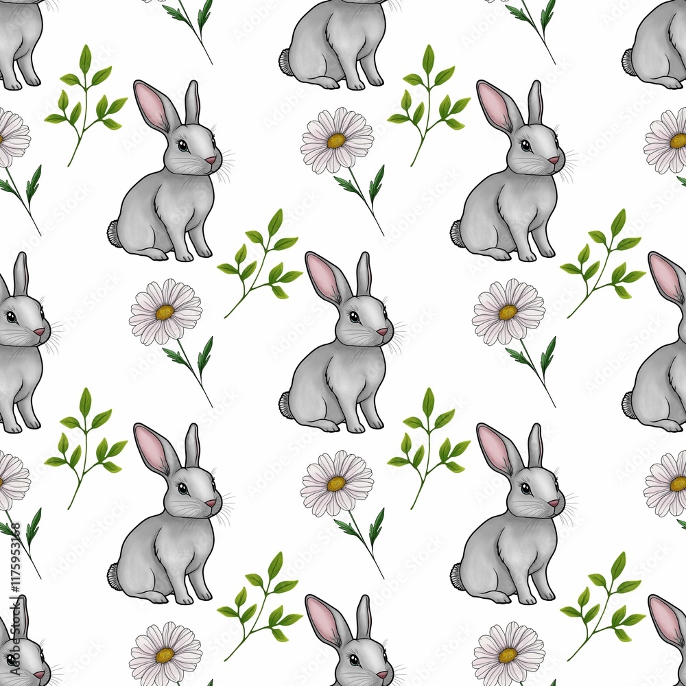 Fototapeta premium Cute Bunny with Daisy and Leaves Seamless Pattern Small Design on White Background