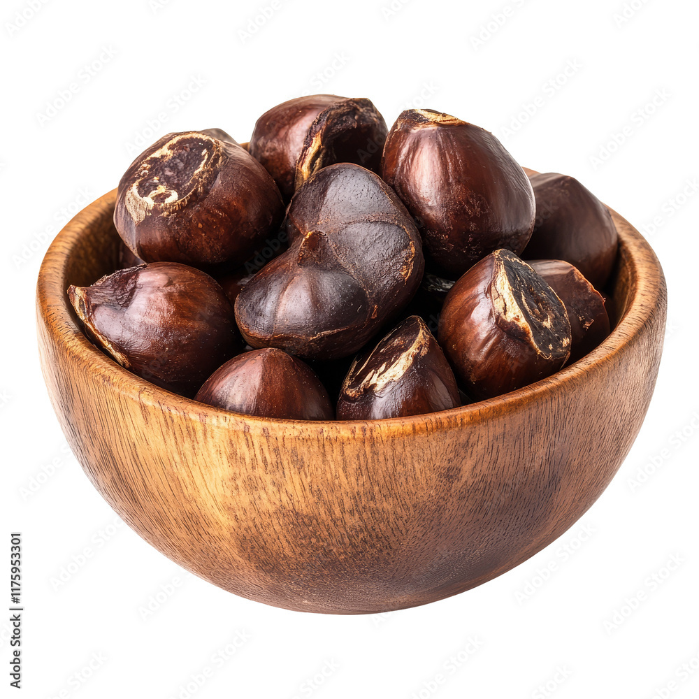 Obraz premium Water chestnuts in a wooden bowl on a transparent background showcasing their natural texture and color, Water chestnut in wood bowl on transparent background