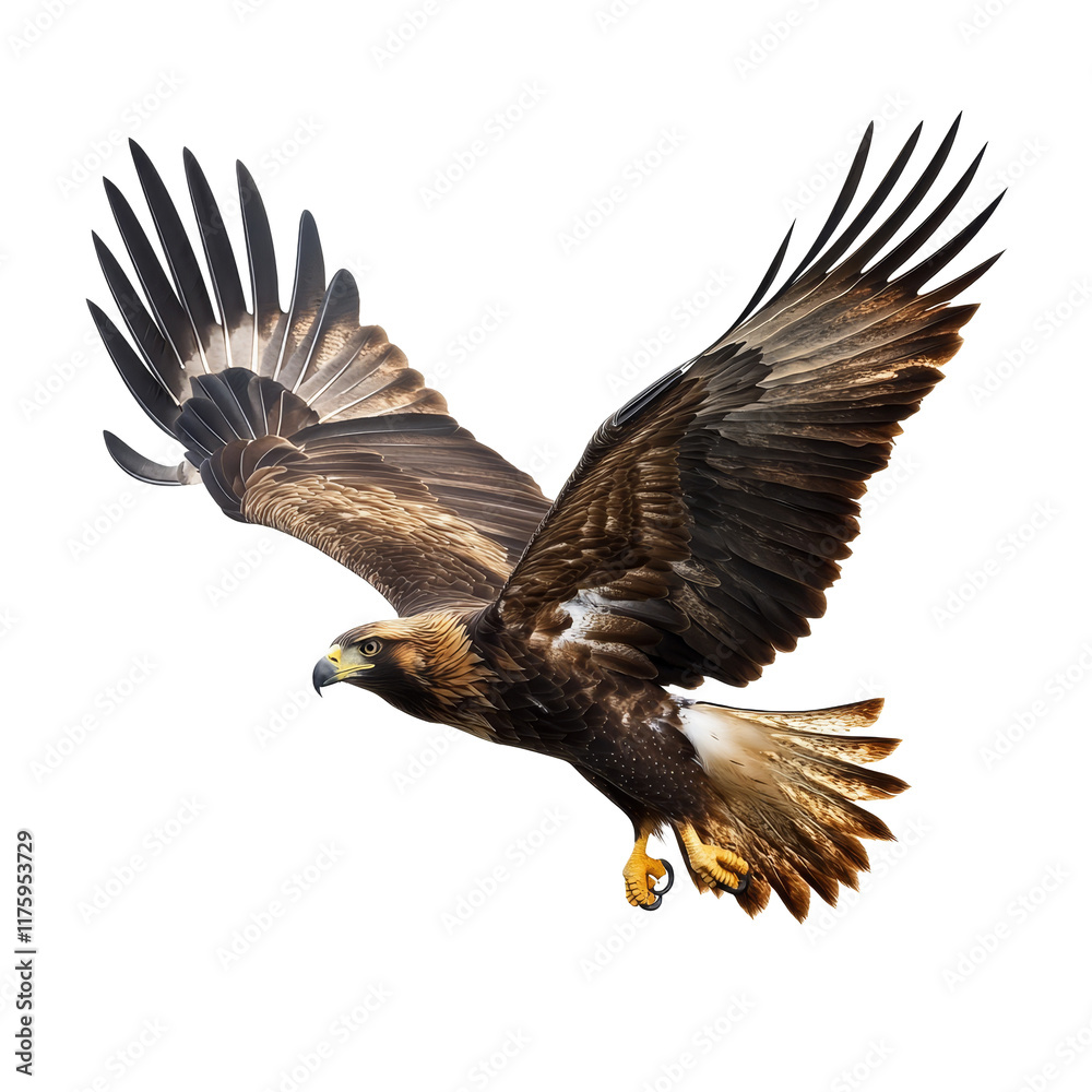 Fototapeta premium Golden eagle hunting with outstretched wings against a stark transparent background in a dynamic display of power, hunting golden eagle, aquila chrysaetos, isolated on transparent background