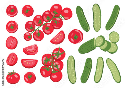 Wallpaper Mural Cherry Tomatoes and Cucumbers Vector Set Isolated on White Background Torontodigital.ca
