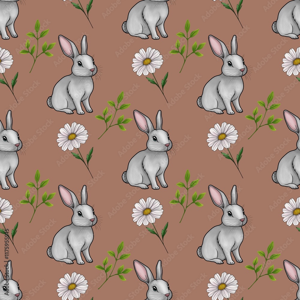 Fototapeta premium Cute Bunny with Daisy and Leaves Seamless Pattern Small Design on Mocha Mosses Background