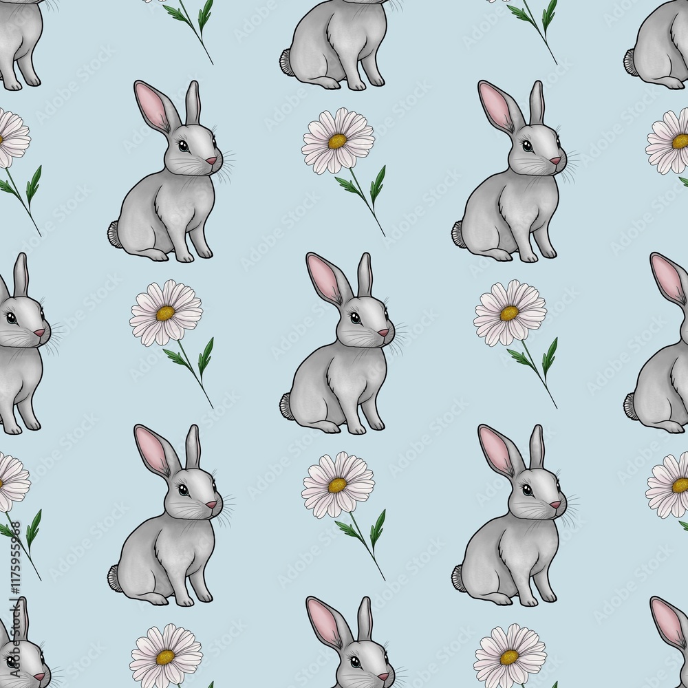 Fototapeta premium Cute Bunny with Daisy Seamless Pattern Small Design on Pastel Blue Background
