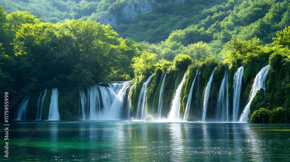 Fototapeta premium Discover serene beauty of secluded emerald forests with cascading waterfalls and untouched nature