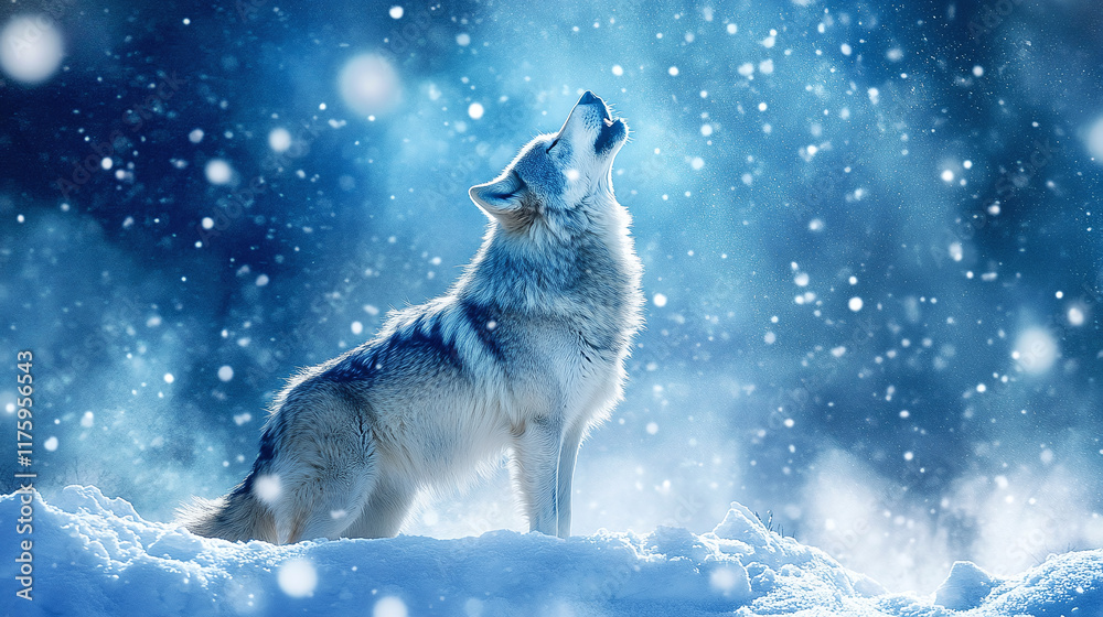In the winter landscape, a gray wolf howling into the cold sky, wildlife nature and predator power in the mountain wilderness, with its fur fluffed against the snow, copy space. In the winter landscape, a gray wolf howling into the cold sky, wildlife nature and predator power in the mountain wilderness, with its fur fluffed against the snow, copy space.
