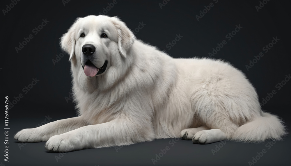 Majestic white dog resting gracefully on a dark surface, showcasing its fluffy coat and friendly demeanor Majestic white dog resting gracefully on a dark surface, showcasing its fluffy coat and friendly demeanor